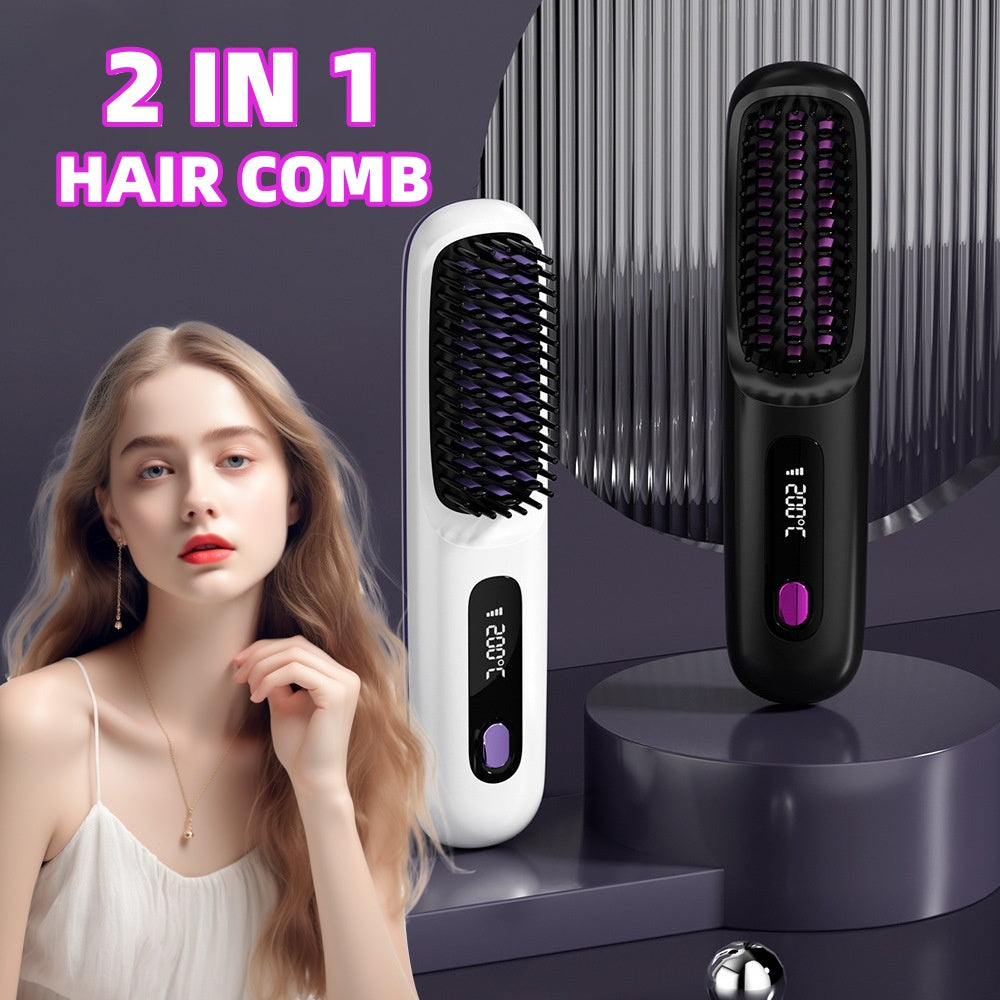 2 In 1 Wireless Hair Straightener Brush — Cordless Straightener & Curler